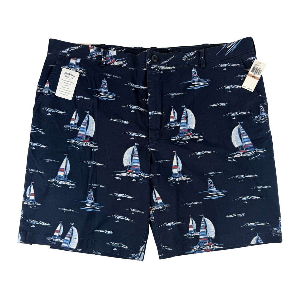 IZOD Beachtown Shorts Mens 42 Navy Blue Sailboat Nautical Saltwater Stretch NEW